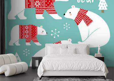 Hand drawn cute vector polar bears in winter clothes. Perfect for tee shirt logo, greeting card, poster, invitation or print design.  Wall mural