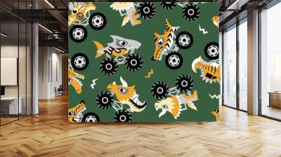 Scary animal monster trucks seamless vector pattern on dark green background.   Wall mural