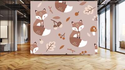 Seamless vector pattern with cute hand drawn fox, moon and stars. Perfect for textile, wallpaper or nursery print design. EPS 10 vector file. Wall mural