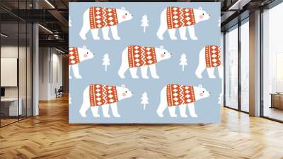 Seamless vector pattern with cute polar bear in winter clothes. Hand drawn Nordic background. EPS 10 vector file. Perfect for textile, wallpaper or nursery print design. Wall mural