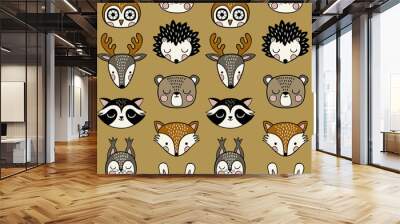 Seamless vector pattern with cute woodland animals on mustard background.  Wall mural