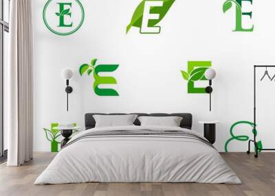 leaf initials E logo set, natural green leaf symbol, initials E icon design Wall mural