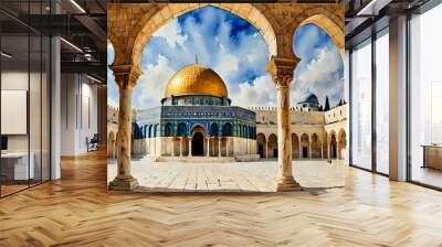 Al Aqsa Mosque background in Jerusalem with watercolor painting art. Islamic Architecture Wall mural