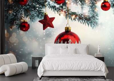 A festive ornament hangs delicately from evergreen branches, capturing the spirit of winter and holiday cheer Wall mural