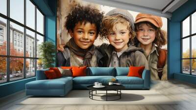 Group of cute children in watercolor style Wall mural