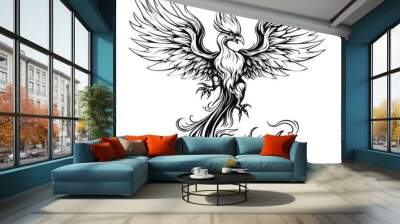 a drawing of a phoenix in black and white. Tattoo idea for a fantasy theme. Wall mural