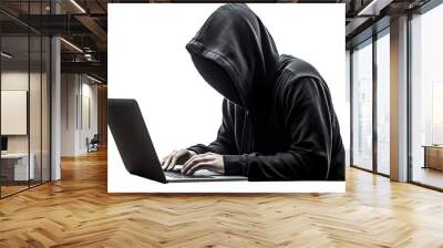 A hacker in black hoodie is working on his laptop. Wall mural