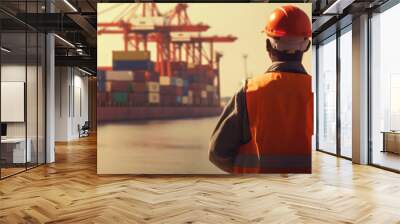 A port worker from behind with a safety vest and protective helmet looks into the harbor basin with containers at evening light. Wall mural