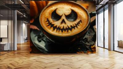 Close-up of a Halloween coffee with spooky latte art in a dark cup. Surrounded by autumn leaves and pumpkins, enhancing the seasonal festive vibe Wall mural