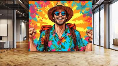 Exuberant Traveler with Vibrant Hawaiian Shirt on Colorful Background Wall mural