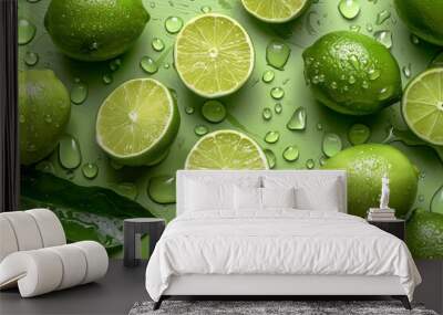 Fresh green limes with water droplets on a green background. This image conveys freshness and zest, ideal for food and beverage, health, or summer-themed content. Wall mural