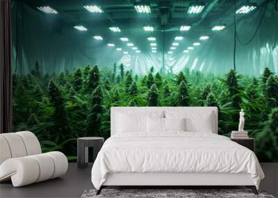 Indoor cannabis farm with rows of green plants under bright grow lights. Represents cultivation, agriculture, and the legal marijuana industry. Wall mural