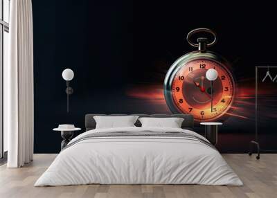 One Pocket watch overlaid with rays of red light. Time and countdown concept banner. Wall mural