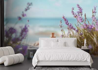 Perfume bottle nestled among lavender on a sandy beach, blending the essence of summer with the tranquil sea backdrop. Wall mural