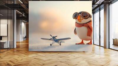 Puffin pilot wearing goggles and scarf next to a small toy airplane on a snowy surface. This image is ideal for adventure, aviation, and whimsical storytelling concepts. Wall mural