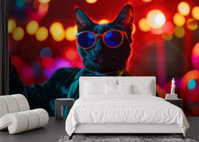 Stylish black cat in a tuxedo and sunglasses at a colorful party. The vibrant lights and cool attire create a fun and festive atmosphere. Wall mural