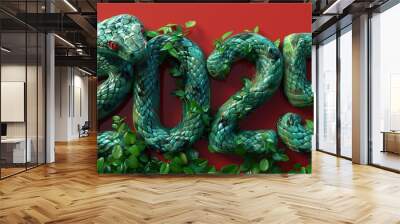 Green snake-themed 2025 text with lush foliage on red background Wall mural