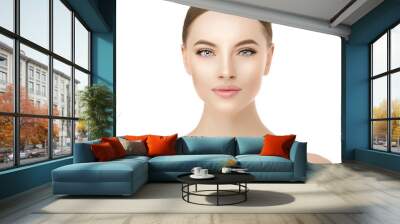 Beautiful woman face close up studio on white. Beauty spa model Wall mural