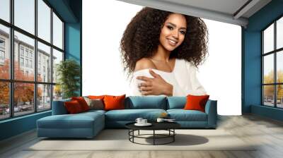 Beauty black skin woman African Ethnic female face. Young african american model with long afro hair.Smiling model isolated on white background. Wall mural