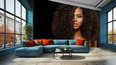 Beauty Fashion model. Black woman face & beautiful voluminous hair. Afro american girl. Beauty skin female face. .Healthy hair with luxurious Updo haircut. Waves, Curls volume Hairstyle. Hair Salon. Wall mural