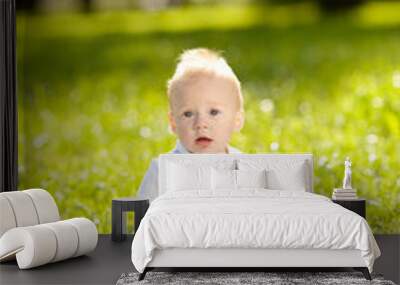 Cute little baby in summer  park on the grass. Sweet baby outdoo Wall mural