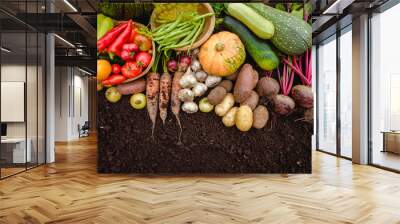 Harvest vegetables on the ground. Potatoes, carrots, beets, peppers, tomatoes, cucumbers, beans, pumpkin, onions and garlic. Autumn harvest farmers Wall mural