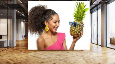 Model with pineapple in hands. African American Girl with Exotic Fruit. Cheerful woman with a smile relaxing on vacation. Image about summer time, smile and rest Wall mural