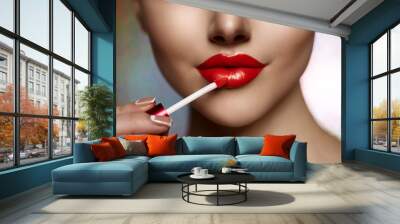 Pretty face beauty lady Red woman lips close up. Beautiful model Wall mural