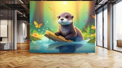 Little happy baby otter playing in the water Wall mural