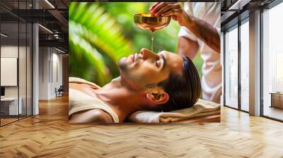 Image of Shirodhara therapy (oil pouring on the forehead) with herbal oil. Wall mural