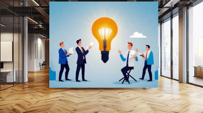 Teamwork and brainstorming concept with businessmen that share an idea with a lamp Wall mural