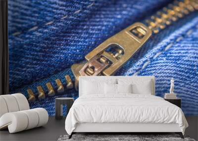 close up of an unzipped blue jeans denims. zip lock close up. Wall mural