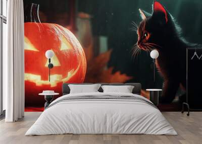 A black cat and a pumpkin on a black background. Halloween concept. Wall mural