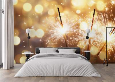 Celebration with hands holding sparklers on a bokeh background. Christmas, new years concept. Wall mural