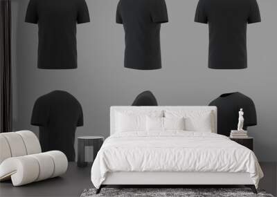 Blank black shirt mockup template, front and back view, isolated on white plain t-shirt mockup. Sweater t-shirt design presentation for printing. Wall mural