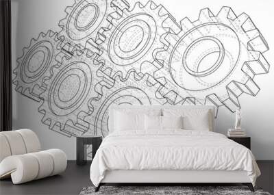 Cogs and Gears. Vector rendering of 3d. Wire-frame style. Wall mural