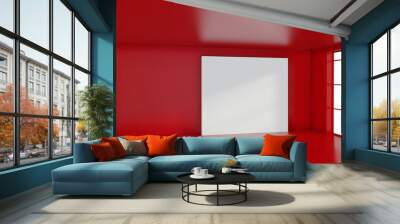 Large white billboard standing near a window in a red room. 3D rendering. Wall mural