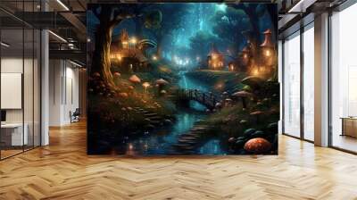 Magical fantasy mushrooms in a magical fairy tale dreamy elf forest, mysterious background, shiny glowing stars. Wall mural