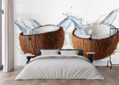 two coconuts with water splashing out isolated on a transparent background graphic resource Wall mural