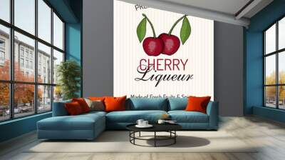 Cherry liqueur alcohol label template. Modern vector packaging design layout. Isolated Wall mural