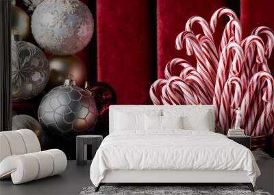 Beautiful Christmas ornaments on the left side, featuring decorative balls with ample space. Wall mural