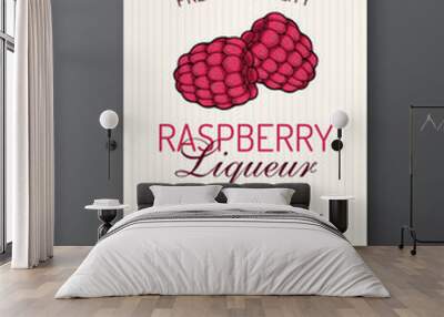 Raspberry liqueur label template. Modern vector packaging design layout. Isolated Wall mural