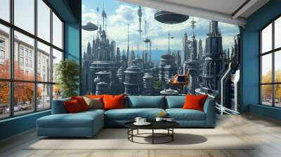 abstract background with futuristic city with high-tech buildings and flying vehicles Wall mural