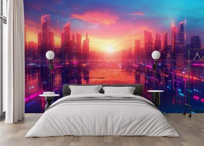 background with A dark cityscape with glowing neon lights and tall buildings Wall mural