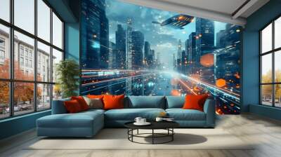 background with futuristic city with flying cars and skyscrapers Wall mural