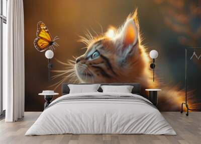 close-up of a delicate butterfly perched on the ear of a fluffy cute kitten Wall mural