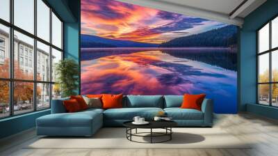 colorful sunrise over a lake with the reflection of the sky mirrored Wall mural