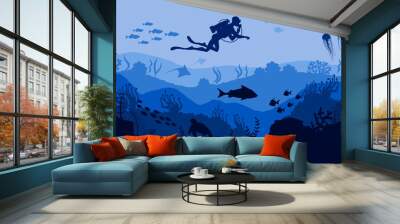 Coral reef and Underwater wildlife Diver on blue sea background Wall mural