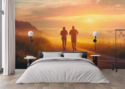 couple waking up early to go for a run, the sun rising behind them Wall mural