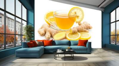 Cup of ginger tea with honey and lemon, Hot tea with lemon and ginger isolated on white background Wall mural